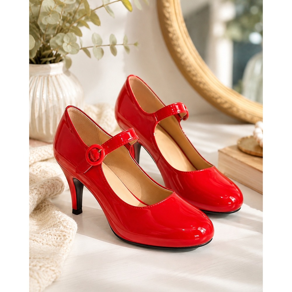Fugisy Red Patent Leather Mary Jane Kitten Heels Round Toe BuckleStrap Pumps 8.5